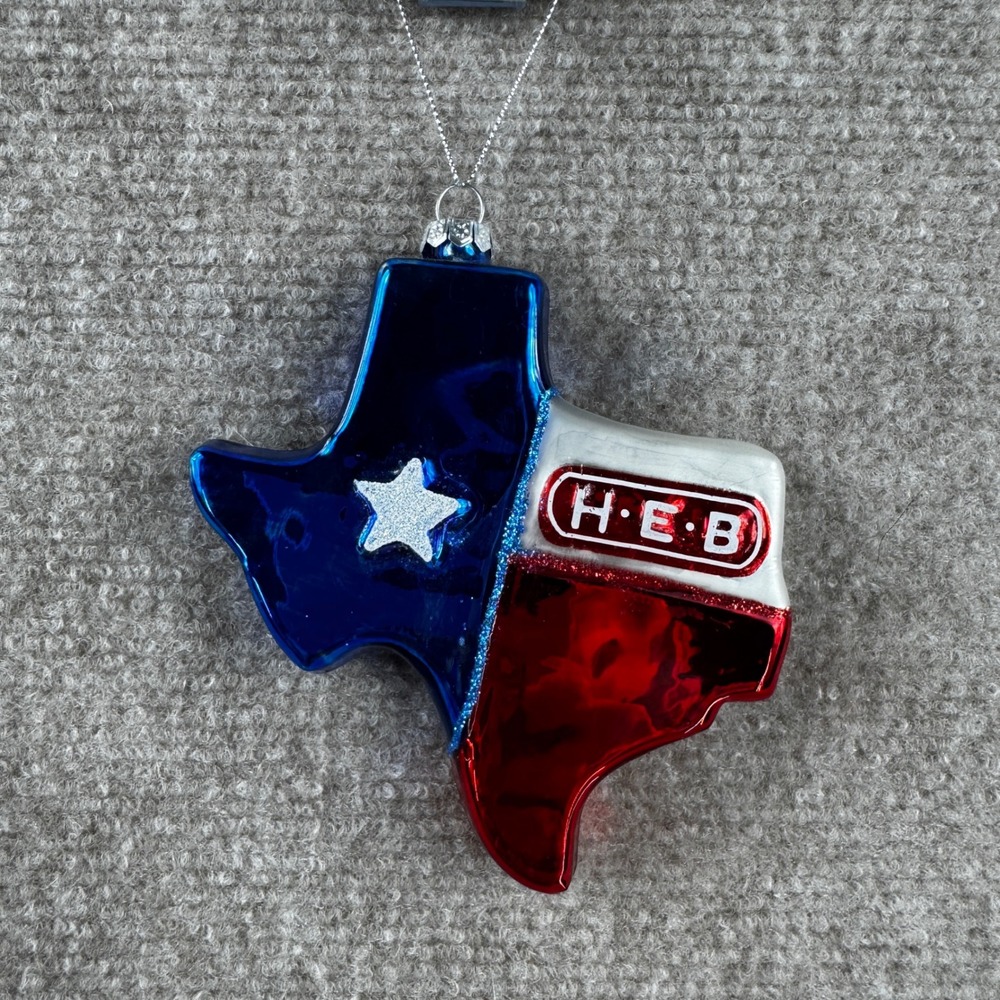 HEB Texas Shape Glass Christmas Ornament Red White Blue Lone Star Souvenir NWT